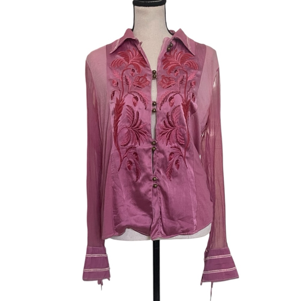 Y2k RARE Roberto Cavalli Embroidered Silk Long Sleeve Button up Blouse